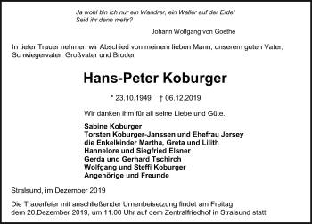 Traueranzeige von Hans-Peter Koburger von Ostsee-Zeitung GmbH