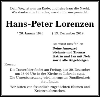Traueranzeige von Hans-Peter Lorenzen von Kieler Nachrichten