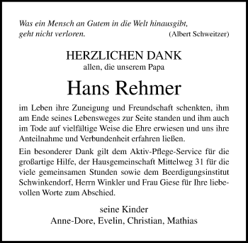 Traueranzeige von Hans Rehmer von Ostsee-Zeitung GmbH