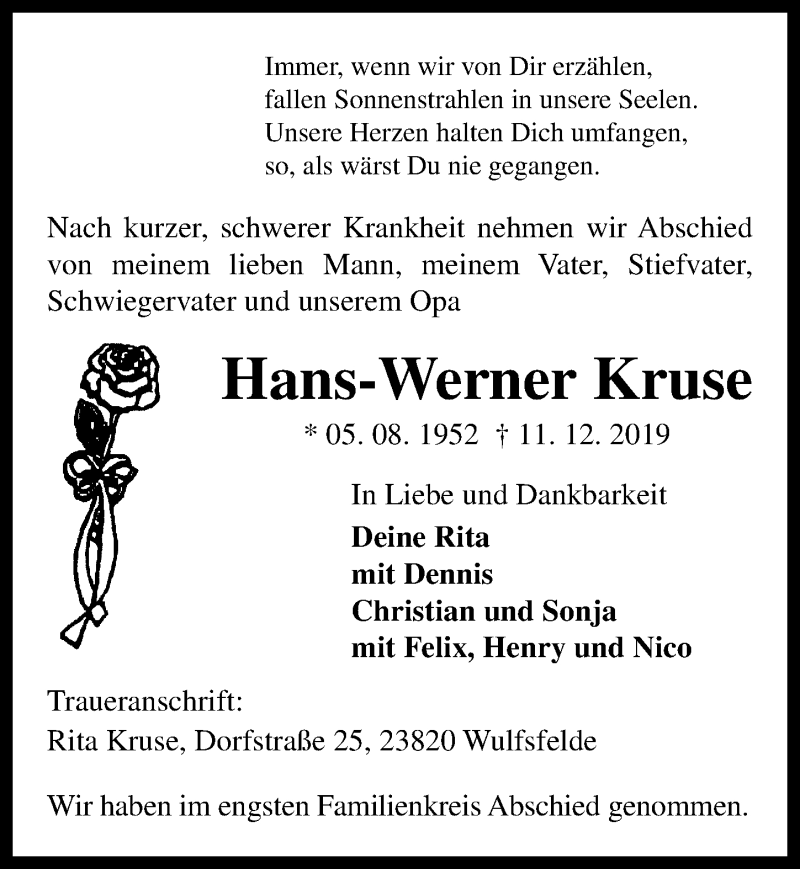  Traueranzeige für Hans-Werner Kruse vom 21.12.2019 aus Lübecker Nachrichten