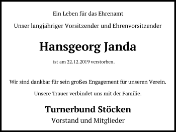 Traueranzeige von Hansgeorg Janda von Hannoversche Allgemeine Zeitung/Neue Presse