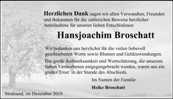 Traueranzeige von Hansjoachim Broschatt von Ostsee-Zeitung GmbH