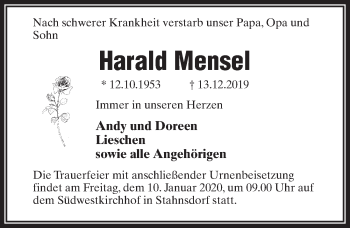 Traueranzeige von Harald Mensel von Märkischen Allgemeine Zeitung