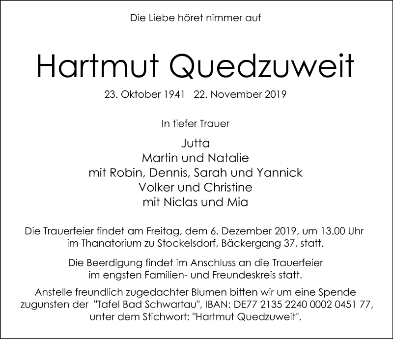 Traueranzeige für Hartmut Quedzuweit vom 01.12.2019 aus Lübecker Nachrichten