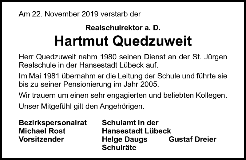  Traueranzeige für Hartmut Quedzuweit vom 01.12.2019 aus Lübecker Nachrichten