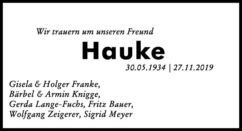  Traueranzeige für Hauke Lange-Fuchs vom 07.12.2019 aus Kieler Nachrichten