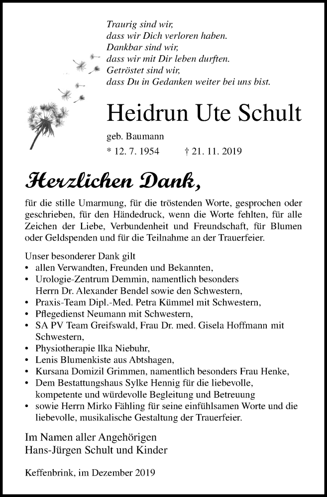  Traueranzeige für Heidrun Ute Schult vom 28.12.2019 aus Ostsee-Zeitung GmbH