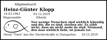 Traueranzeige von Heinz-Günter Klopp von Ostsee-Zeitung GmbH