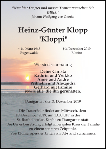 Traueranzeige von Heinz-Günter Klopp von Ostsee-Zeitung GmbH