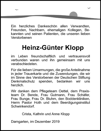 Traueranzeige von Heinz-Günter Klopp von Ostsee-Zeitung GmbH