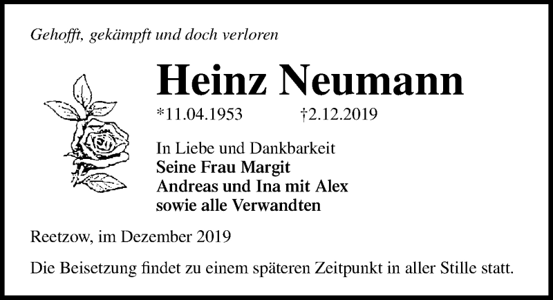  Traueranzeige für Heinz Neumann vom 07.12.2019 aus Ostsee-Zeitung GmbH