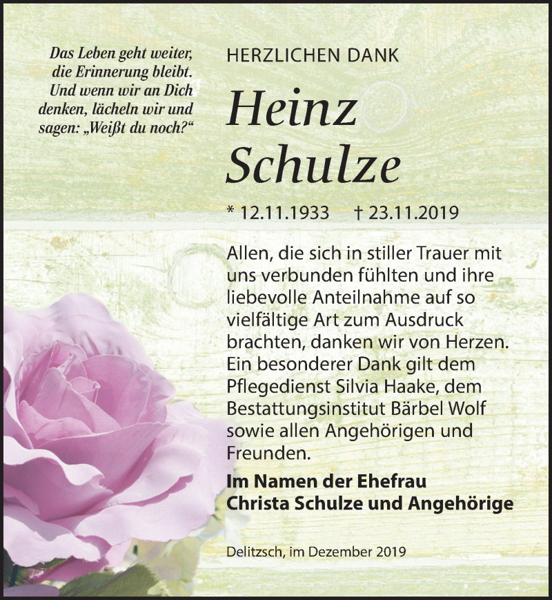  Traueranzeige für Heinz Schulze vom 21.12.2019 aus Leipziger Volkszeitung