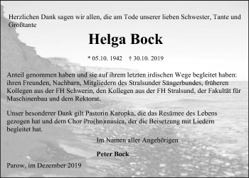 Traueranzeige von Helga Bock von Ostsee-Zeitung GmbH