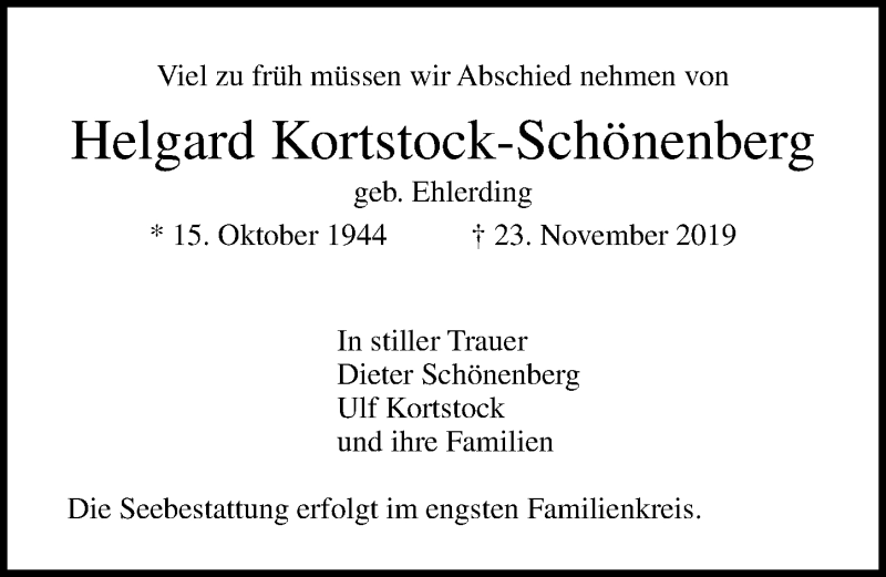  Traueranzeige für Helgard Kortstock-Schönenberg vom 01.12.2019 aus Lübecker Nachrichten
