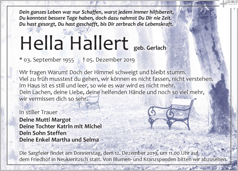  Traueranzeige für Hella Hallert vom 10.12.2019 aus Leipziger Volkszeitung