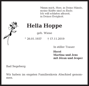 Traueranzeigen Von Hella Hoppe | Trauer-anzeigen.de