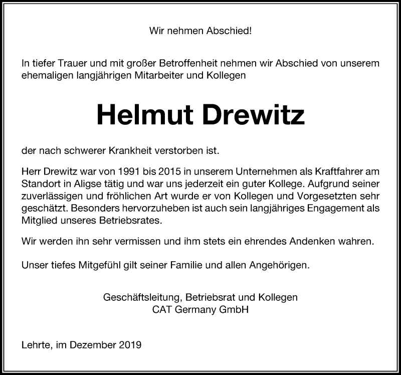  Traueranzeige für Helmut Drewitz vom 14.12.2019 aus Hannoversche Allgemeine Zeitung/Neue Presse