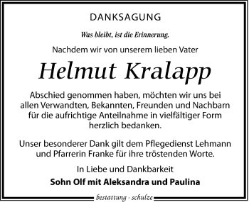 Traueranzeige von Helmut Kralapp von Leipziger Volkszeitung