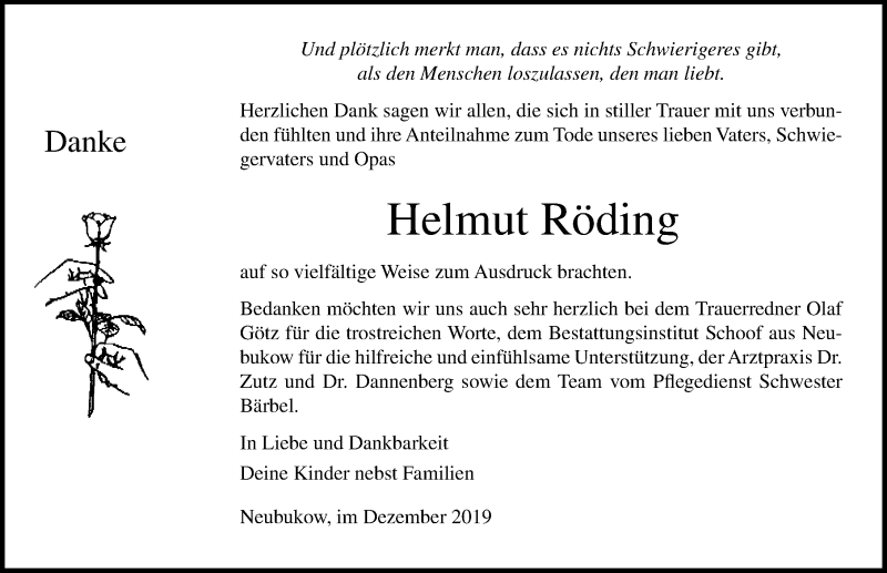  Traueranzeige für Helmut Röding vom 21.12.2019 aus Ostsee-Zeitung GmbH