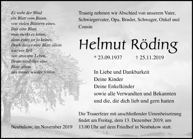  Traueranzeige für Helmut Röding vom 07.12.2019 aus Ostsee-Zeitung GmbH