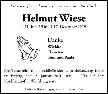 Traueranzeige von Helmut Wiese von Aller Zeitung