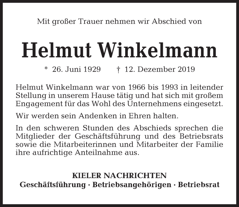  Traueranzeige für Helmut Winkelmann vom 14.12.2019 aus Kieler Nachrichten