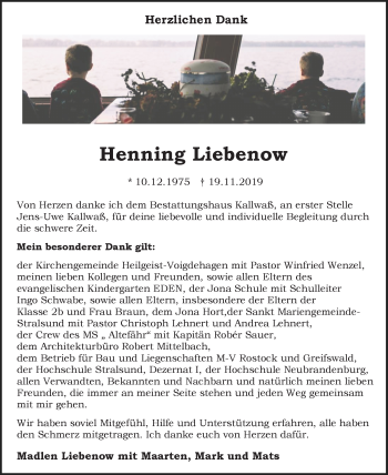 Traueranzeige von Henning Liebenow von Ostsee-Zeitung GmbH