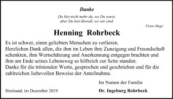 Traueranzeige von Henning Rohrbeck von Ostsee-Zeitung GmbH