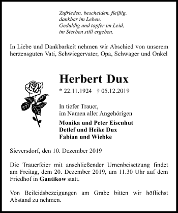 Traueranzeige von Herbert Dux