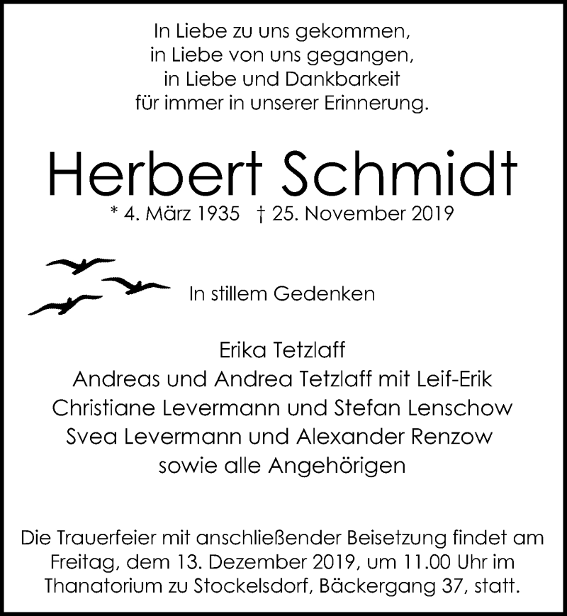  Traueranzeige für Herbert Schmidt vom 01.12.2019 aus Lübecker Nachrichten