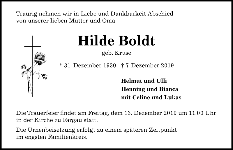  Traueranzeige für Hilde Boldt vom 11.12.2019 aus Kieler Nachrichten