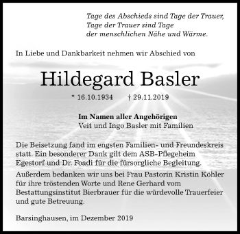 Traueranzeige von Hildegard Basler von Hannoversche Allgemeine Zeitung/Neue Presse