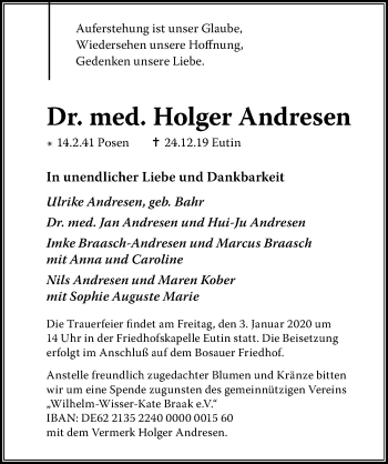 Traueranzeige von Holger Andresen von Lübecker Nachrichten