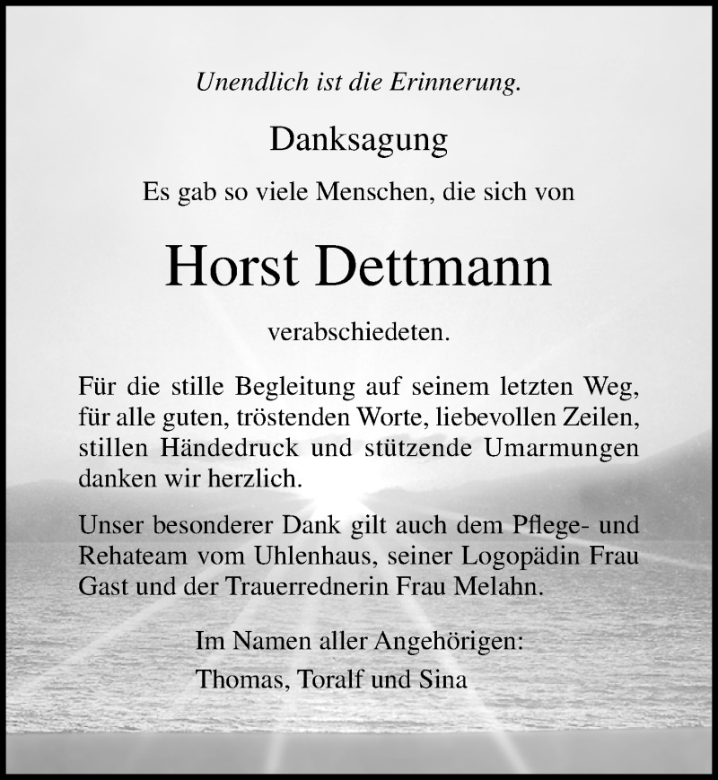  Traueranzeige für Horst Dettmann vom 07.12.2019 aus Ostsee-Zeitung GmbH