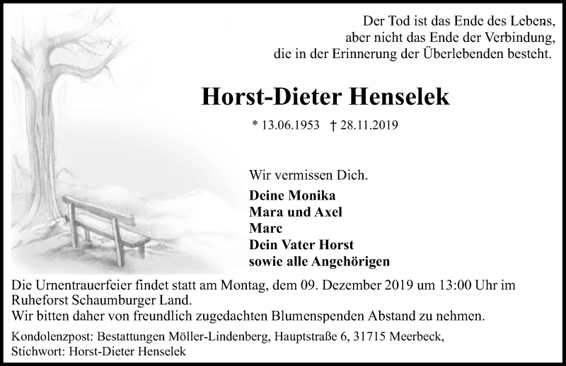  Traueranzeige für Horst-Dieter Henselek vom 03.12.2019 aus Schaumburger Nachrichten