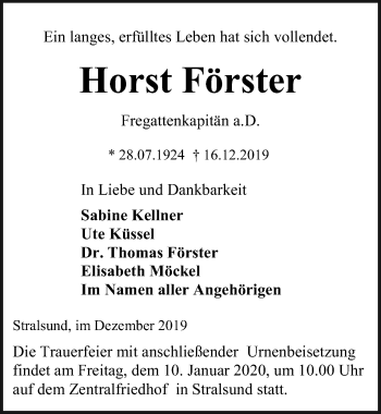 Traueranzeige von Horst Förster von Ostsee-Zeitung GmbH