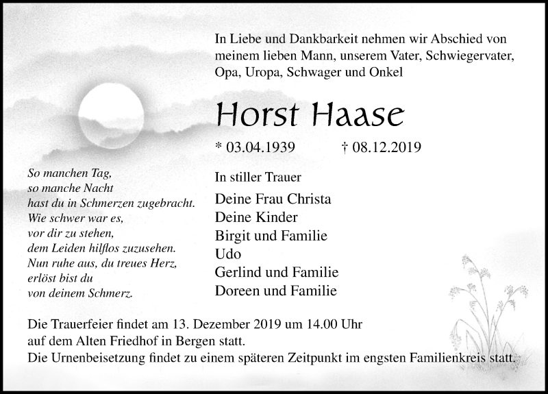  Traueranzeige für Horst Haase vom 11.12.2019 aus Ostsee-Zeitung GmbH