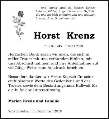 Traueranzeige von Horst Krenz von Ostsee-Zeitung GmbH