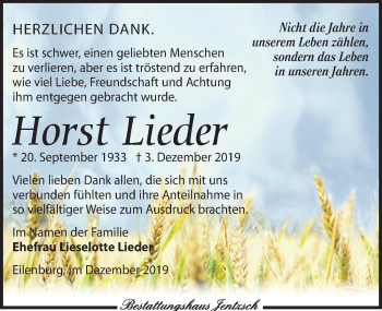 Traueranzeige von Horst Lieder von Leipziger Volkszeitung