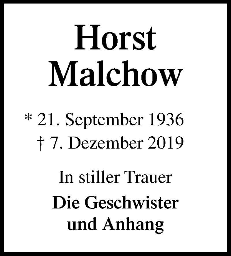  Traueranzeige für Horst Malchow vom 11.12.2019 aus Lübecker Nachrichten