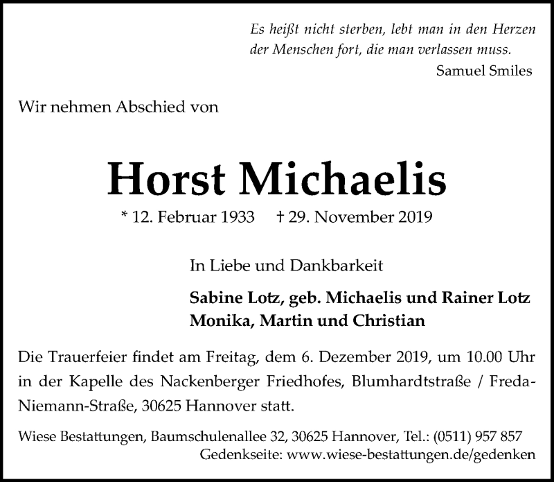  Traueranzeige für Horst Michaelis vom 04.12.2019 aus Hannoversche Allgemeine Zeitung/Neue Presse