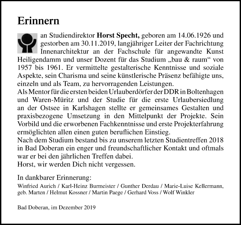  Traueranzeige für Horst Specht vom 14.12.2019 aus Ostsee-Zeitung GmbH