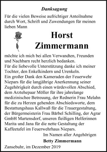 Traueranzeige von Horst Zimmermann von Ostsee-Zeitung GmbH