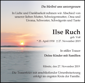 Traueranzeige von Ilse Ruch von Ostsee-Zeitung GmbH