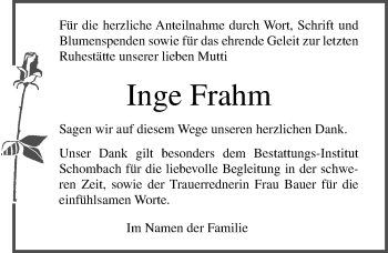 Traueranzeige von Inge Frahm von Ostsee-Zeitung GmbH