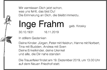 Traueranzeige von Inge Frahm von Ostsee-Zeitung GmbH