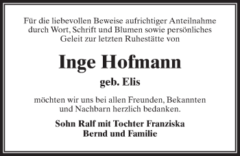 Traueranzeige von Inge Hofmann von Märkischen Allgemeine Zeitung