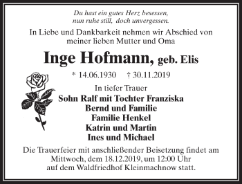 Traueranzeige von Inge Hofmann von Märkischen Allgemeine Zeitung