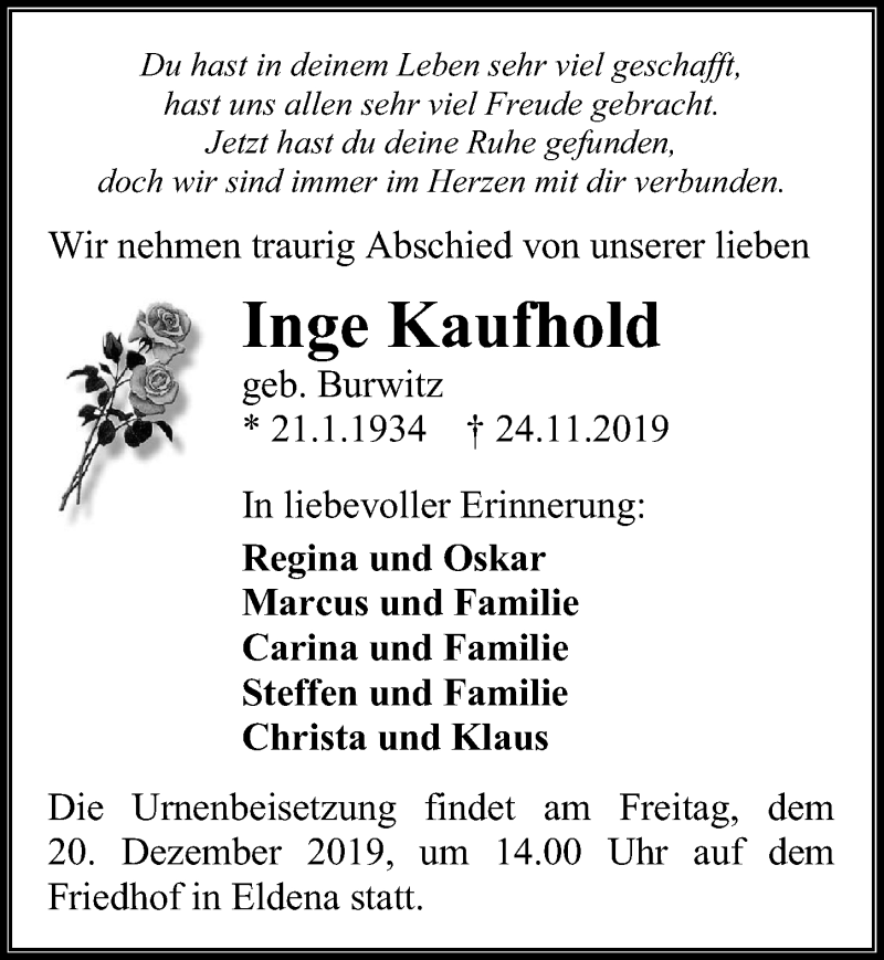  Traueranzeige für Inge Kaufhold vom 07.12.2019 aus Ostsee-Zeitung GmbH