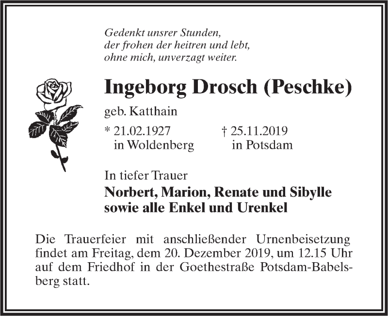  Traueranzeige für Ingeborg Drosch vom 14.12.2019 aus Märkischen Allgemeine Zeitung